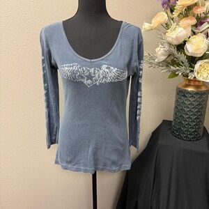 Sledge USA Gray Angel Wing Heart Top L | Vintage Rock Long Sleeve Fall Tee